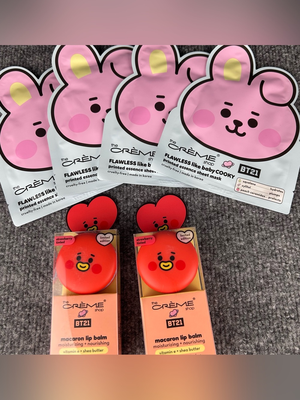 The Crème Shop BT21 face sheet mask & macaron lip balm lot of 6 (4 masks/2 lip)